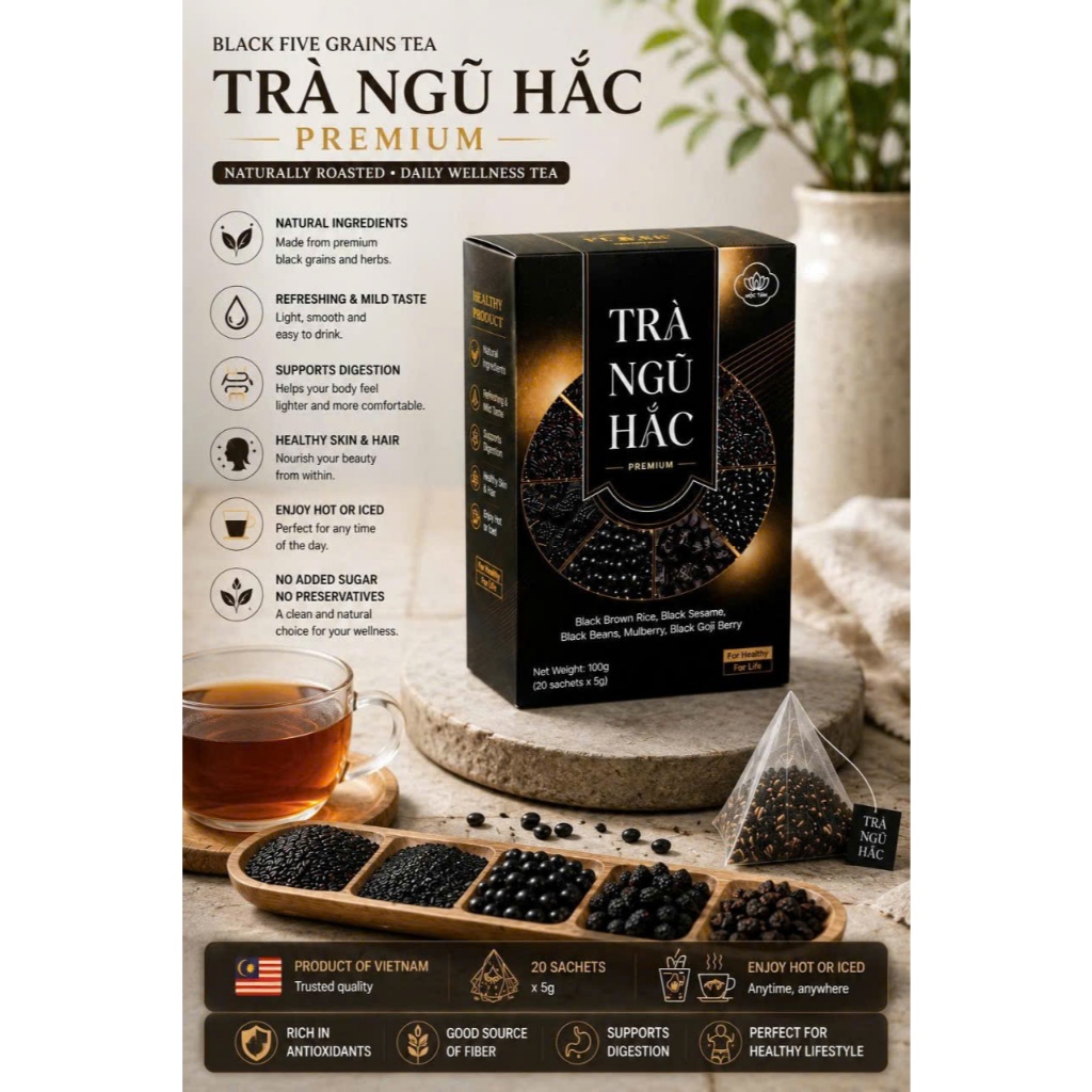 Black Five Grain Tea Moc Tam Premium – Natural Herbal Tea With Black Sesame Black Bean Black Rice Fo
