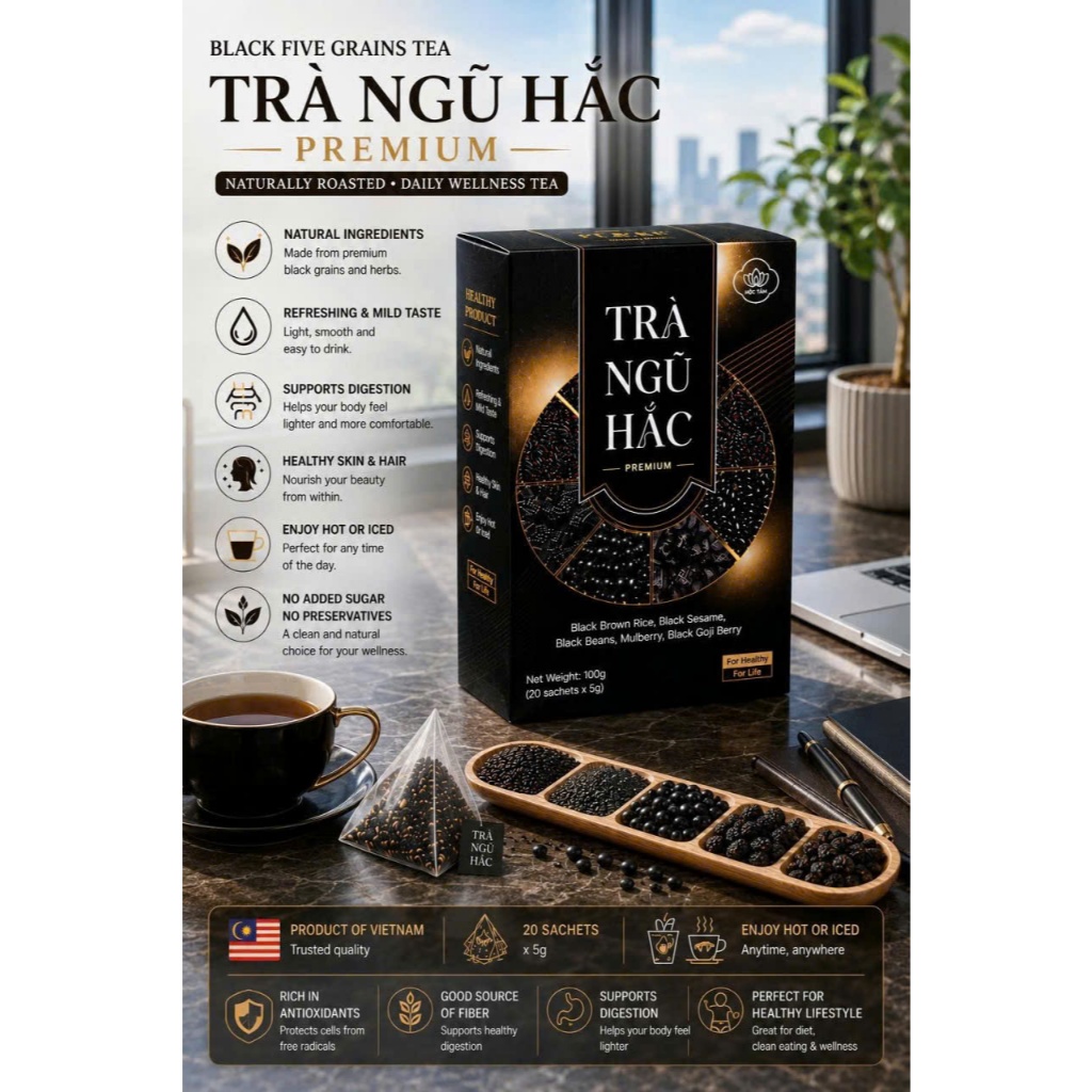 Combo 2 Boxes Moc Tam Premium Black Five Herbal Tea – 40 Tea Bags Black Rice Sesame Bean Goji Berry 