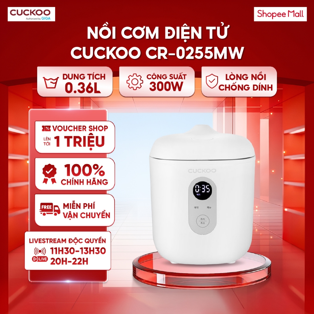 Nồi cơm điện tử tối giản Cuckoo CR-0255MW - Dung tích 0,36L - Chống dính - Nồi cơm mini Cuckoo Bảo h
