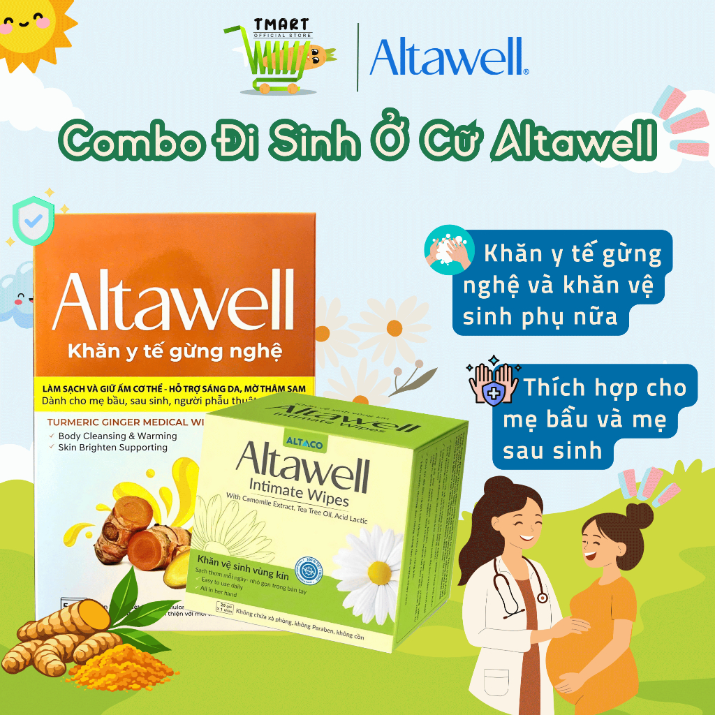 COMBO ĐI SINH CHO MẸ BẦU ALTAWELL (KHĂN GỪNG NGHỆ & KHĂN VỆ SINH VÙNG KÍN)
