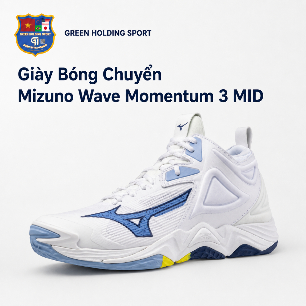 Giày Bóng Chuyền Mizuno Wave Momentum 3 MID - Đệm Êm ENERZY, Cổ Cao Mid-Cut, Hỗ Trợ Di Chuyển Nhanh
