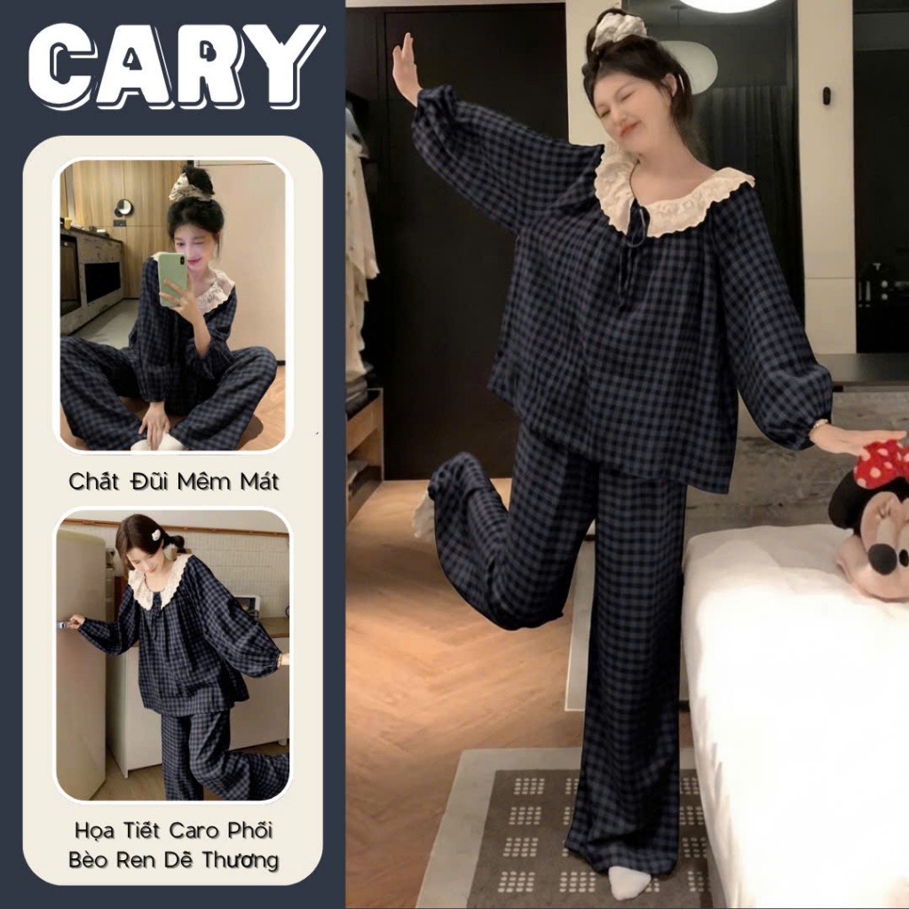 Đồ bộ nữ pijama mặc nhà dài tay cổ bèo phối ren chất liệu đũi xốp họa tiết kẻ caro dễ thương CARY