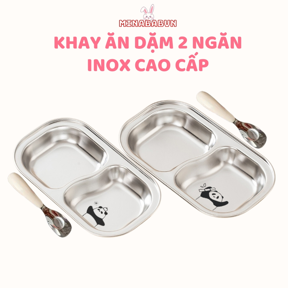 Khay Inox 2 Ngăn Ăn Dặm Cho Bé Kèm Thìa , Khay Ăn Dặm Chất Liệu Inox 316 Cao Cấp