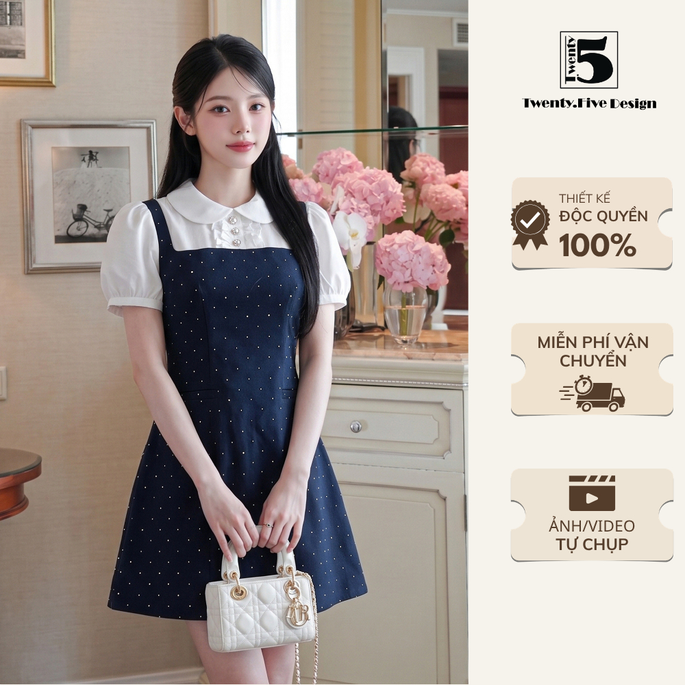 Đầm nữ ngắn tay dáng chữ A cổ sen tay bồng nữ tính - Twentyfive Design DH161