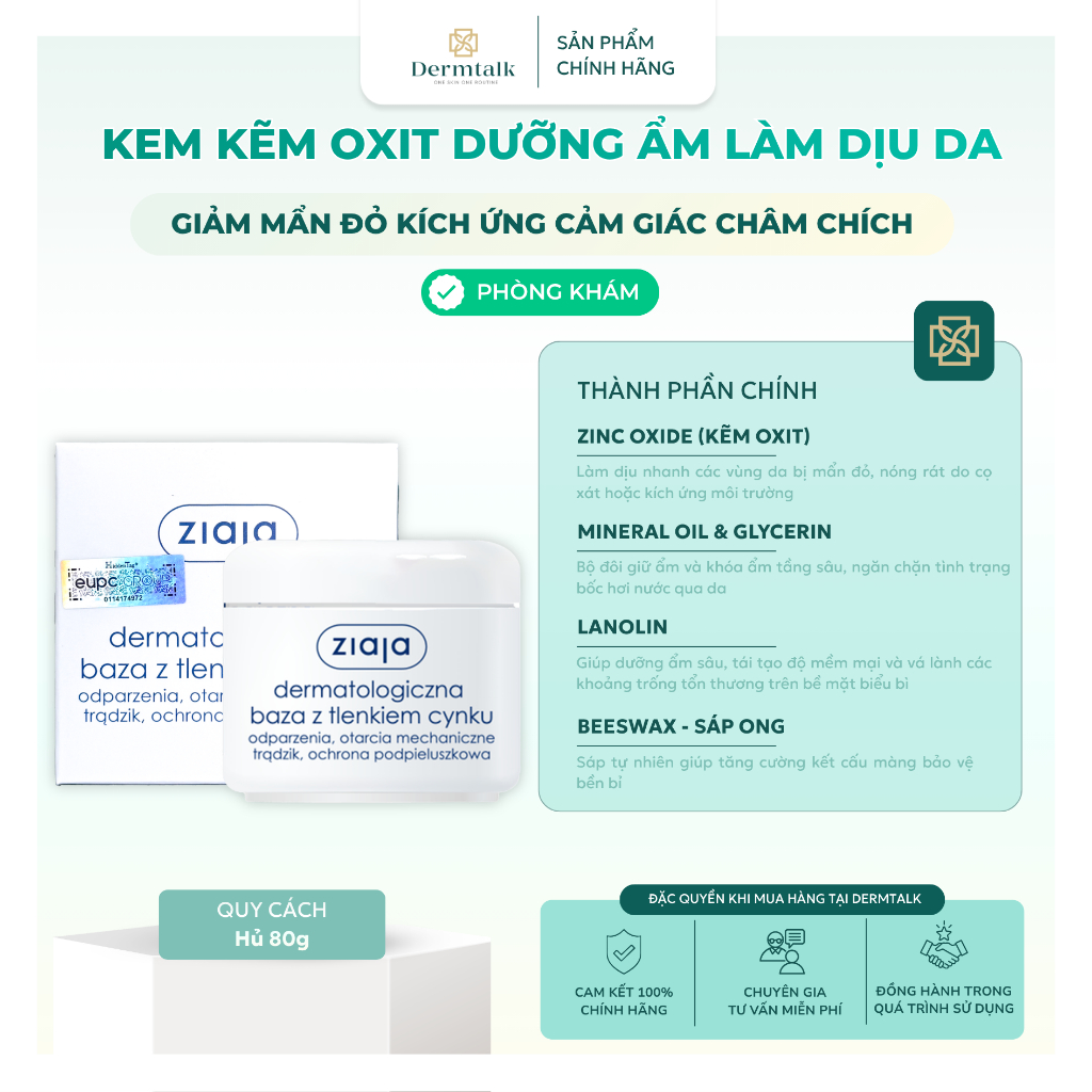 Kem Kẽm Oxit dịu da Ziaja Dermatological Base With Zinc Oxide (80g) - Kem làm dịu mẩn Đỏ, Bảo Vệ Da 