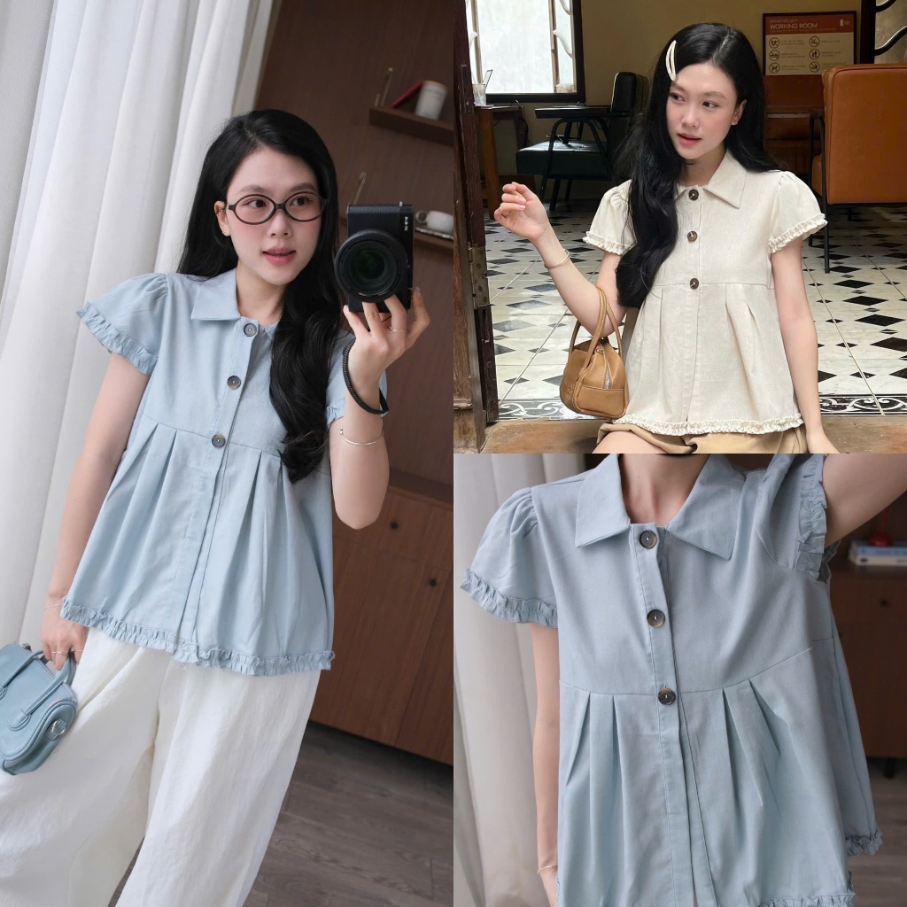 Áo tay hến babydoll thô linen cúc gỗ gấu bèo Nữ the.sweaterweather TSW