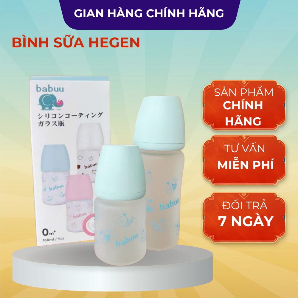 Bình sữa thủy tinh bọc silicone Babuu 160ml và 240ml, núm silicone siêu mềm, điều chỉnh khớp ngậm cho bé