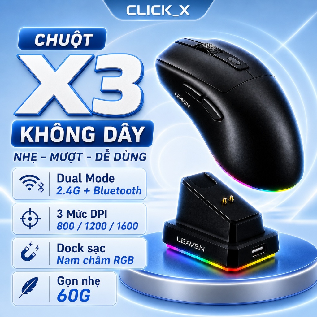 Chuột không dây Bluetooth X3 Leaven Chip PRO - Click X Có Dock Sạc- LED Rgb - 1600 DPI - BH12T