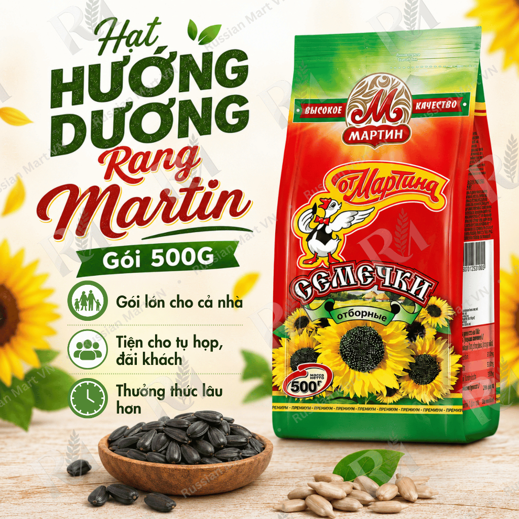 Hạt Hướng Dương Martin Rang 500G  - Gói Lớn, Hạt Nga Con Vịt Đen Bùi, Snack Gia Đình, Tụ Họp, Russia