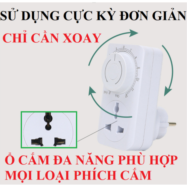 Ổ CẮM HẸN GIỜ CHỈNH CƠ 2500W  học tự động tắt bật 10A-220V/2500W, ổ cắm đếm ngược bảo vệ thiết bị đi