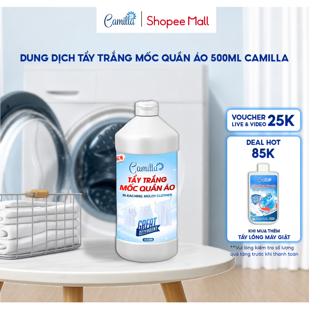Nước Tẩy Trắng Quần Áo CAMILLA, Javen Mạnh Tẩy Mốc, Tẩy Ố Vàng, Đánh Bay Mọi Vết Bẩn | 500ml