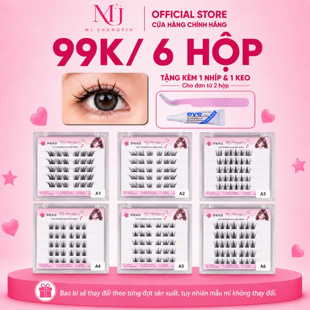 6 hộp/99k Lông Mi giả sẵn keo, Mi tự dính, Mi giả tái sử dụng, chống nước 24H, dáng Hàn Quốc.