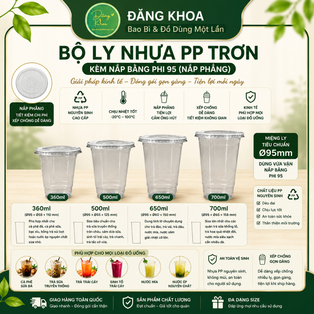 50 Ly Nhựa PP Trơn Đáy Bằng Cao Cấp 360ml/500ml/650ml/700ml Kèm Nắp Bằng Pet Fi95