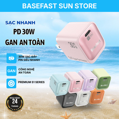Củ Sạc Nhanh 30W Basefast GaN3 1 Cổng Type C Cho các Thiết bị máy 15/16/17 series / Android