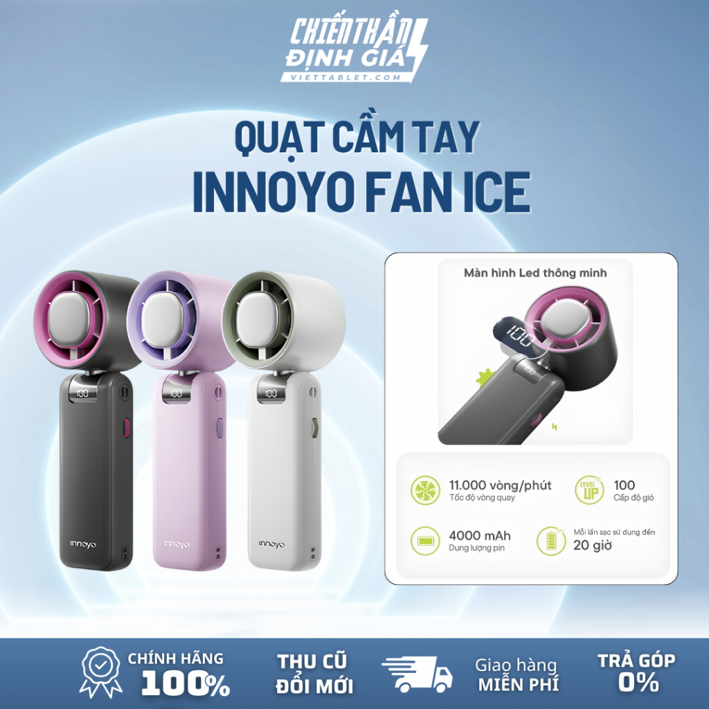 Quạt cầm tay Innoyo Fan Ice - Bảo Hành 6 tháng, 20h sử dụng - Linh hoạt 180 độ, tích hợp sò lạnh