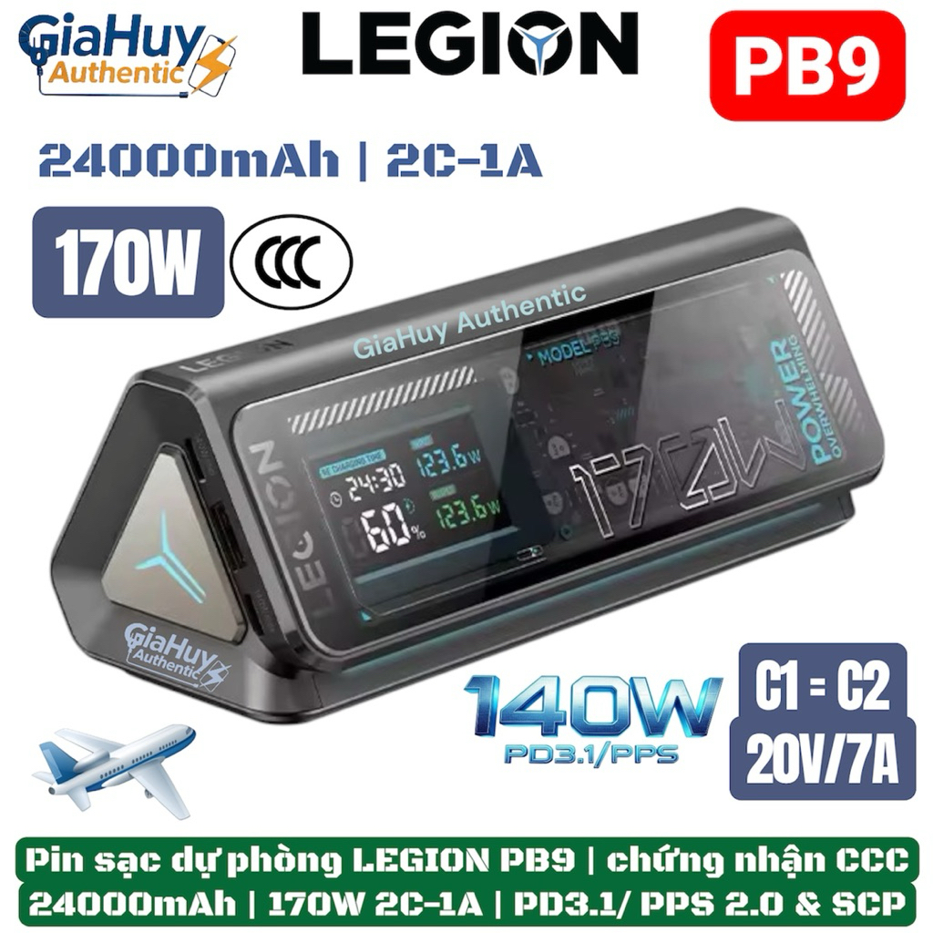 Pin sạc dự phòng chứng nhận CCC LEGION PB9 24000mAh 170W 2C-1A | PD 3.1 140W | PPS 2.0 & SCP, màn hì