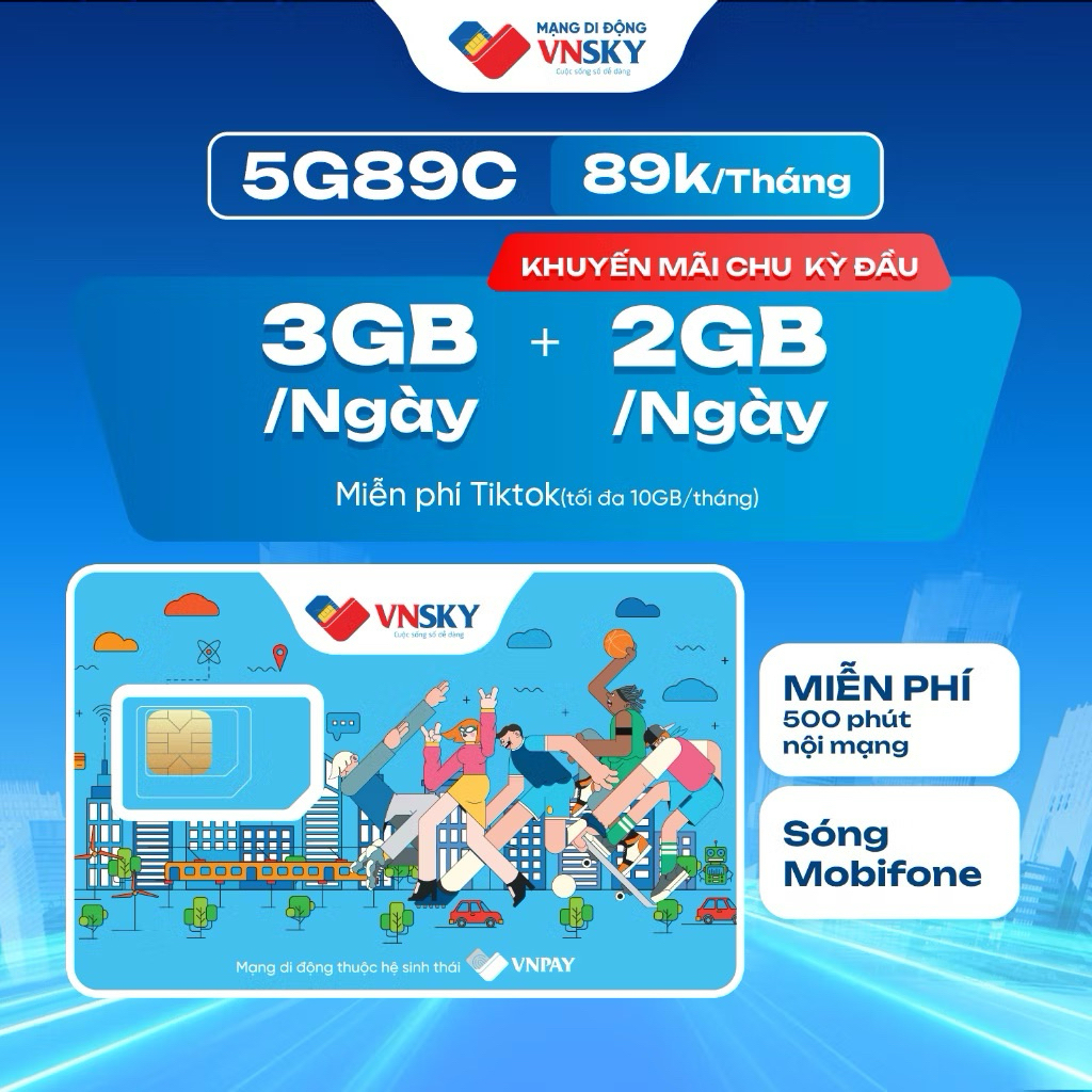 Mobi 5G89C - Sim Data 5G VNSKY (5GB/ngày) sóng MOBIFONE + Tặng data tháng đầu +Miễn phí phút gọi Nội