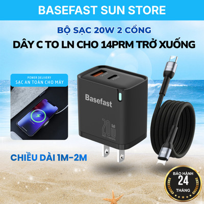 Bộ sạc nhanh 20W Basefast Combo củ 2 Cổng kèm cáp sạc dù 1-2M siêu bền cho Phone 8p xs 11 12 13 14
