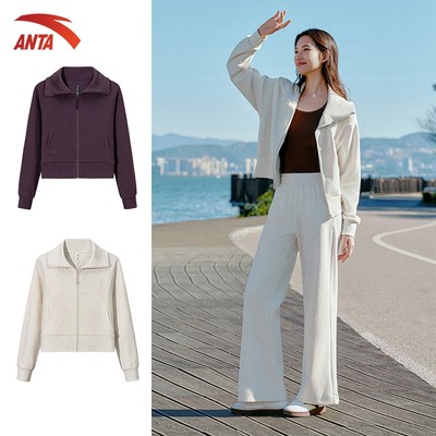 ANTA Nữ Retro Set Áo khoác + Quần dài dệt kim Knitted Track Top Áo khoác thời trang nữ 1626A7701
