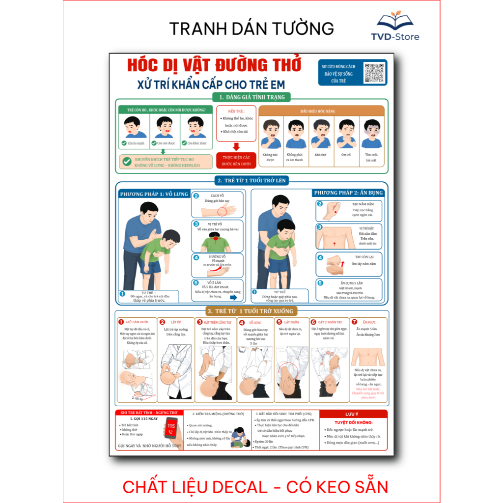 Poster sơ cứu hóc dị vật trẻ em, tranh hướng dẫn xử lý khẩn cấp kỹ năng Heimlich