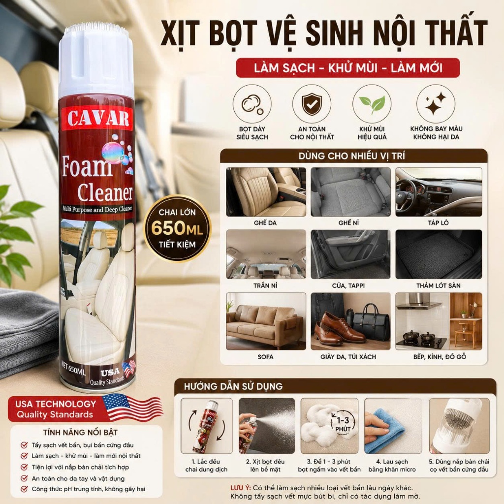 [SẠCH BONG + KHĂN] Chai Tẩy Ghế Da,SOFA  - Vệ Sinh Nội Thất Xe Hơi - Làm Sạch Ghế Da, Ghế Nỉ  - Foam