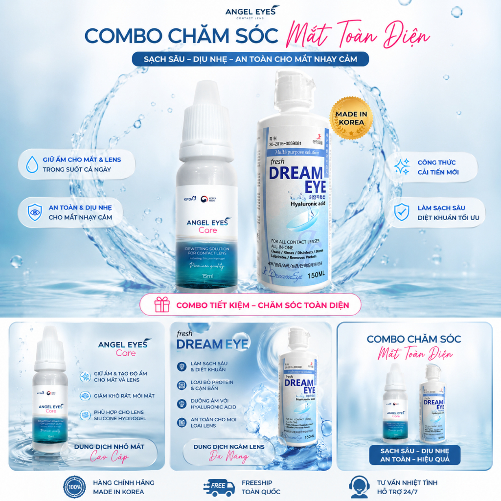 Combo nước ngâm lens Dream Eyes 150ml + Nước nhỏ mắt Angel Eyes 15ml