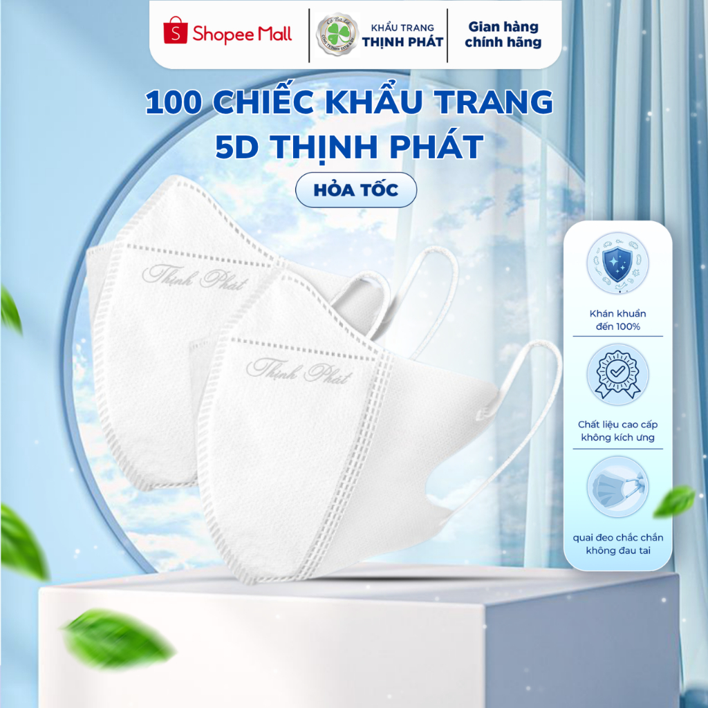 100 chiếc Khẩu Trang 5D Thịnh Phát, 3 lớp kháng khuẩn chống bụi mịn chống nắng hiệu quả