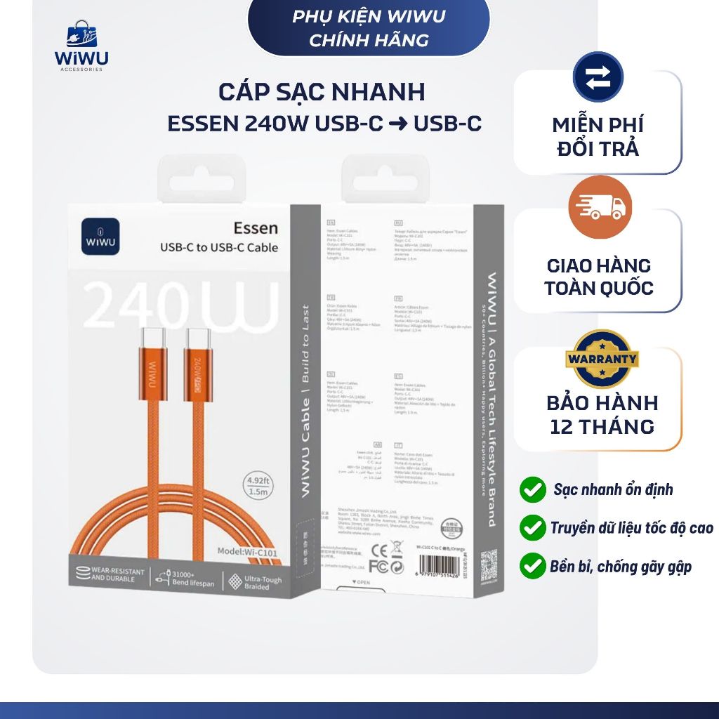 Cáp Sạc Nhanh WiWU ESSEN USB-C ➜ USB-C 240W