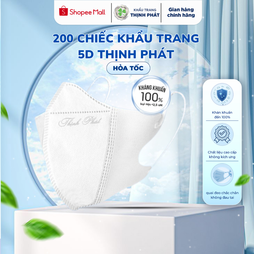 200 chiếc Khẩu Trang 5D Thịnh Phát, 3 lớp kháng khuẩn - chống bụi mịn chống nắng hiệu quả.