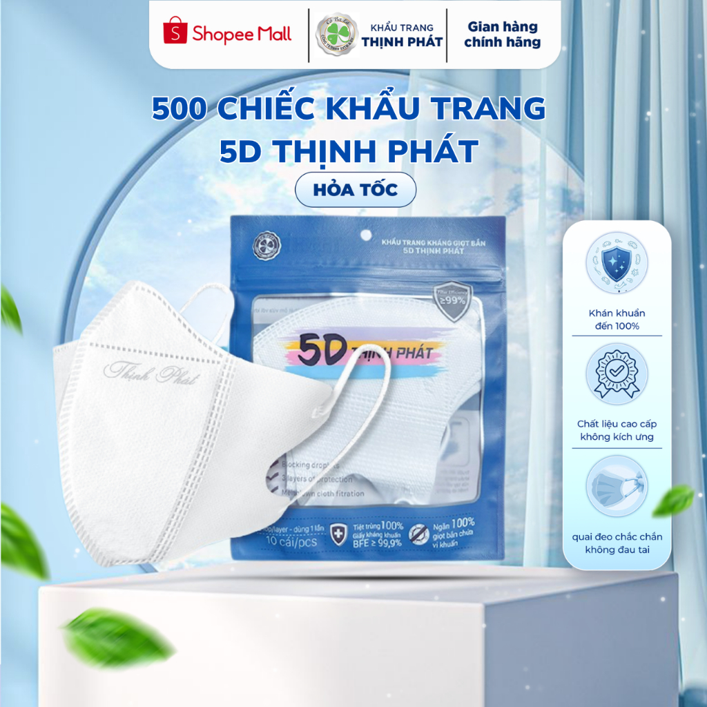 500 chiếc Khẩu Trang 5D Thịnh Phát, 3 lớp kháng khuẩn chống bụi mịn