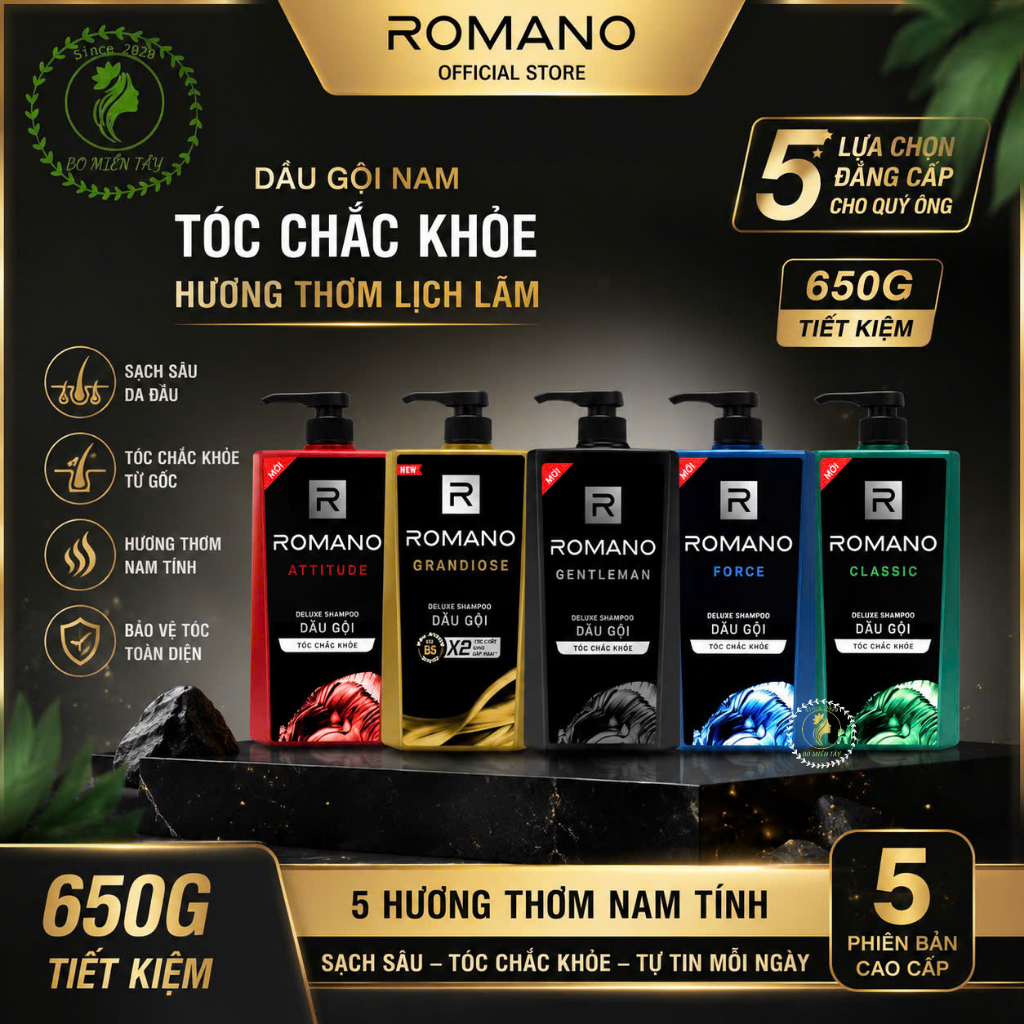 Dầu Gội Romano 650g Đủ Mùi Hương – Sạch Gàu, Mềm Mượt, Thơm Lâu Cho Nam