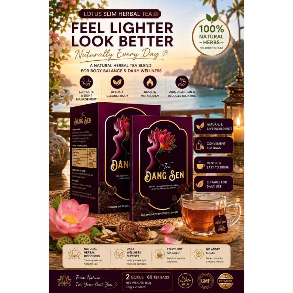 2 Boxes Natural Herbal Slim Tea | Lotus Tea 60 Bags Body Cleanse Wellness Tea Drink