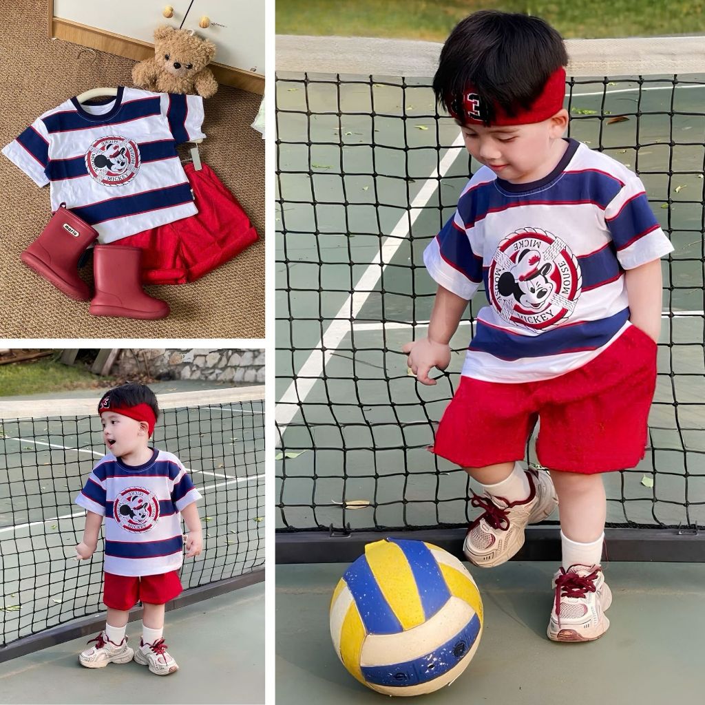 Đồ bộ bé trai cộc tay, Quần áo bé trai kẻ ngang in hình Mickey chất cotton mềm mát XẢ HÀNG [9-24kg]