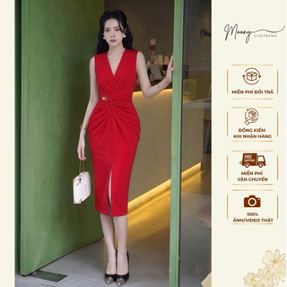 Đầm Nữ Sát Nách Cổ V Thiết Kế Xoắn Bụng Xẻ Tà Ôm Body Khuy Eo Chất Liệu Umi Hàn Co Giãn Sz 40-65Kg