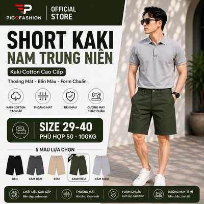[Big Size 50-100kg] Quần Short Kaki nam trung niên chất cotton form xuông ống rộng ngang gối cao cấp PSK01