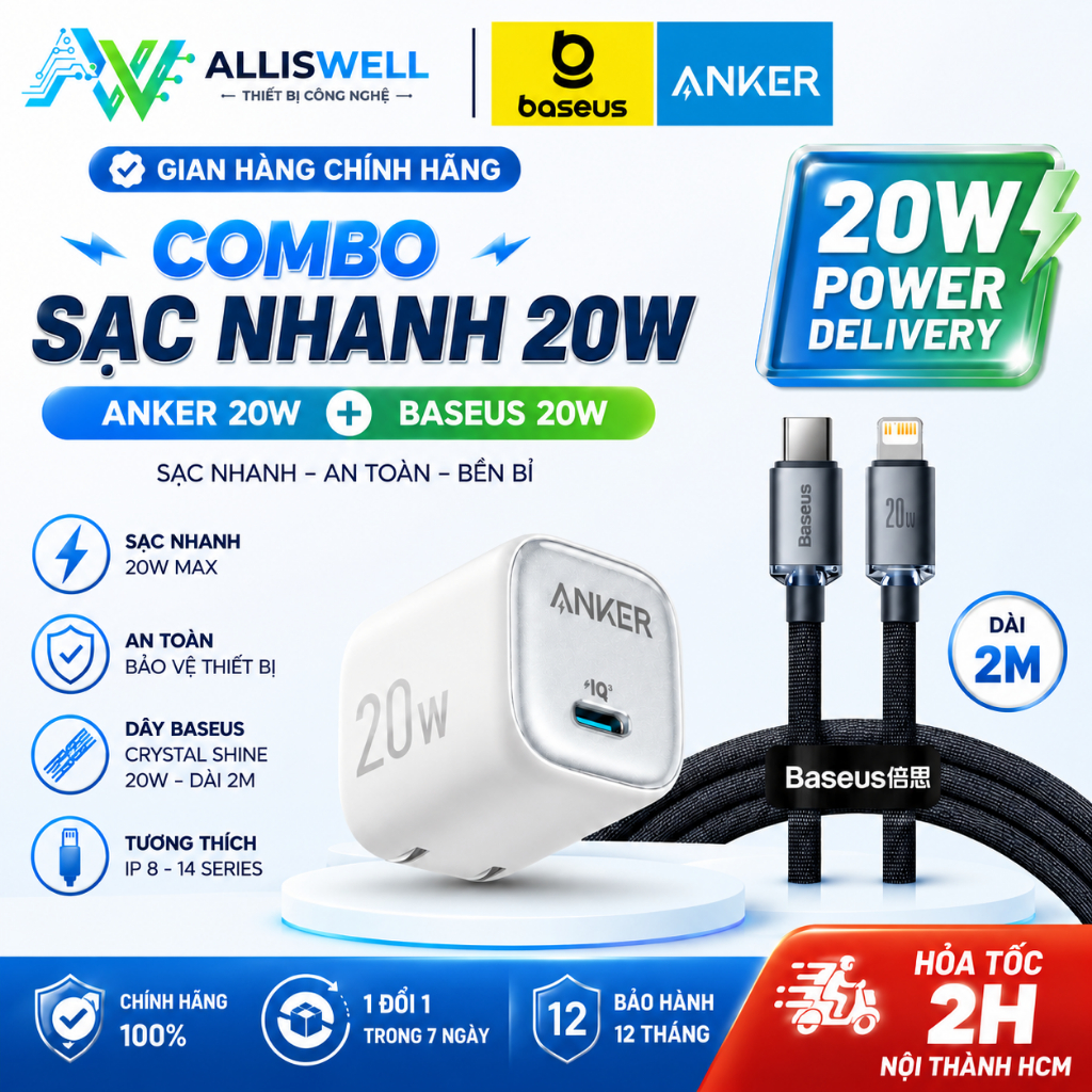 COMBO SẠC NHANH 20W CAO CẤP / Củ Anker Zolo 20W + Dây Baseus CrystalShine C to L 20W 2M / Tương Thíc