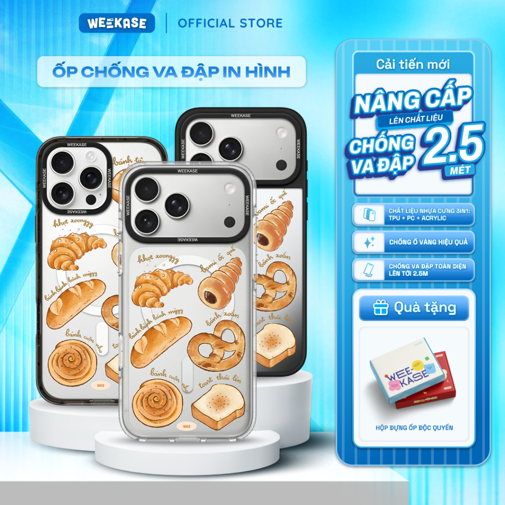 Ốp Lưng Cứng iPhone Chống Sốc Chống Va Đập WEEKASE In Hình BÁNH MÌ NƯỚNG - Màu in cực bền