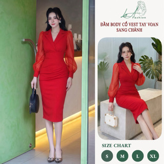 Đầm Body Công Sở Dự Tiệc Thiết Kế Cổ Vest Tay Dài Nhún Bụng Chất Liệu Voan Phối Umi Size 40-65Kg