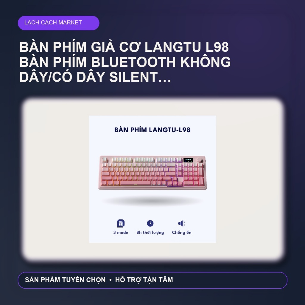 Bàn phím giả cơ LANGTU L98 bàn phím Bluetooth không dây/có dây silent pin sạc Led RGB – Hồng Đào