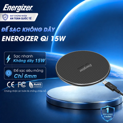 Đế sạc không dây Energizer Qi 15W WCP107 - thiết kế siêu mỏng, sạc nhanh 15W, đa tương thích, Chính Hãng, Bảo Hành 1 năm