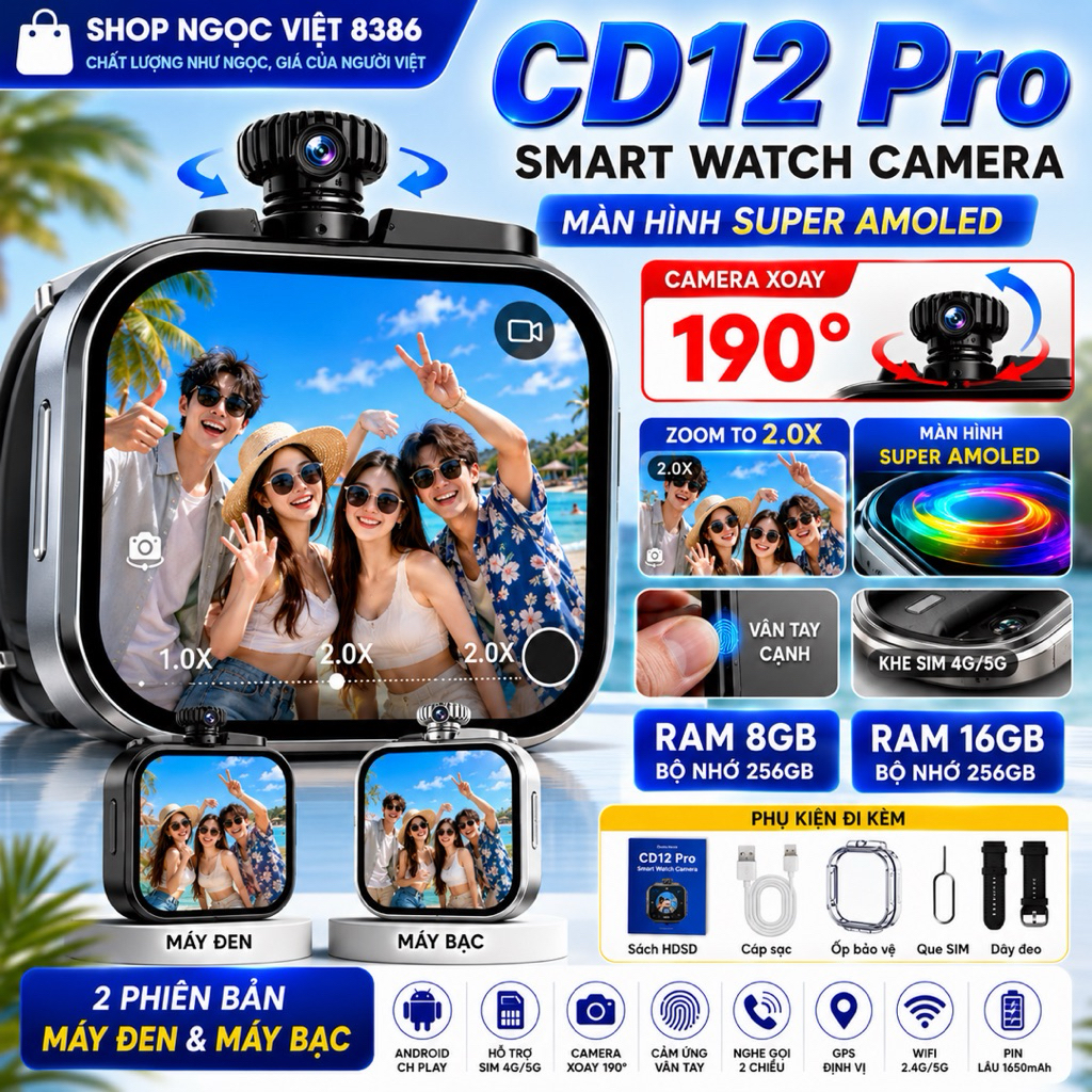 CD12 Pro Smartwatch Android SIM 4G/5G WiFi Camera Xoay Mở Khóa Vân Tay RAM 8GB/256GB 16GB/256GB.