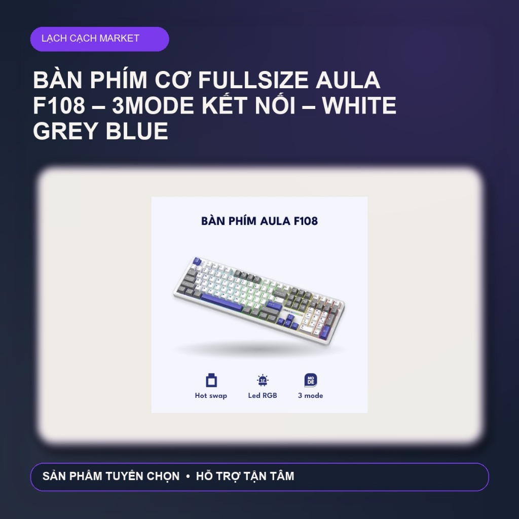 Bàn phím cơ FullSize Aula F108 – 3mode kết nối – White Grey Blue