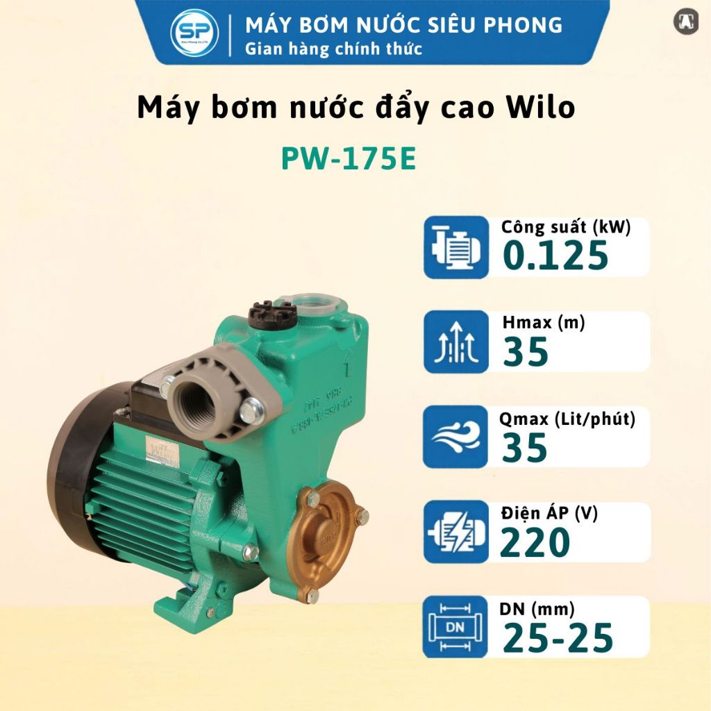 Máy bơm nước đẩy cao Wilo PW-175E 125W, kích thước 245x190x265mm, trọng lượng 7kg