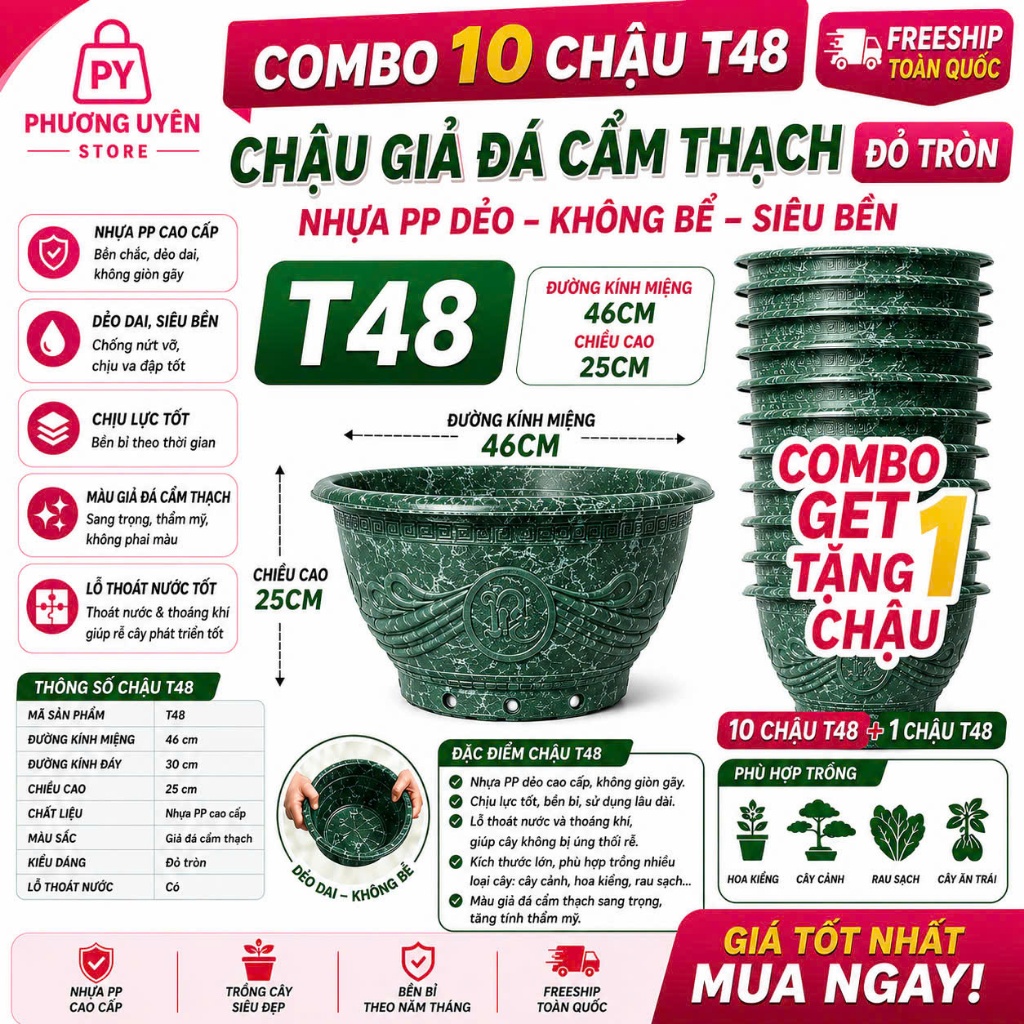 [Combo 10 tặng 1 ]Chậu nhựa trồng cây Phúc lộc thọ T48,kích thước 48x23cm, chậu trồng hoa cây cảnh