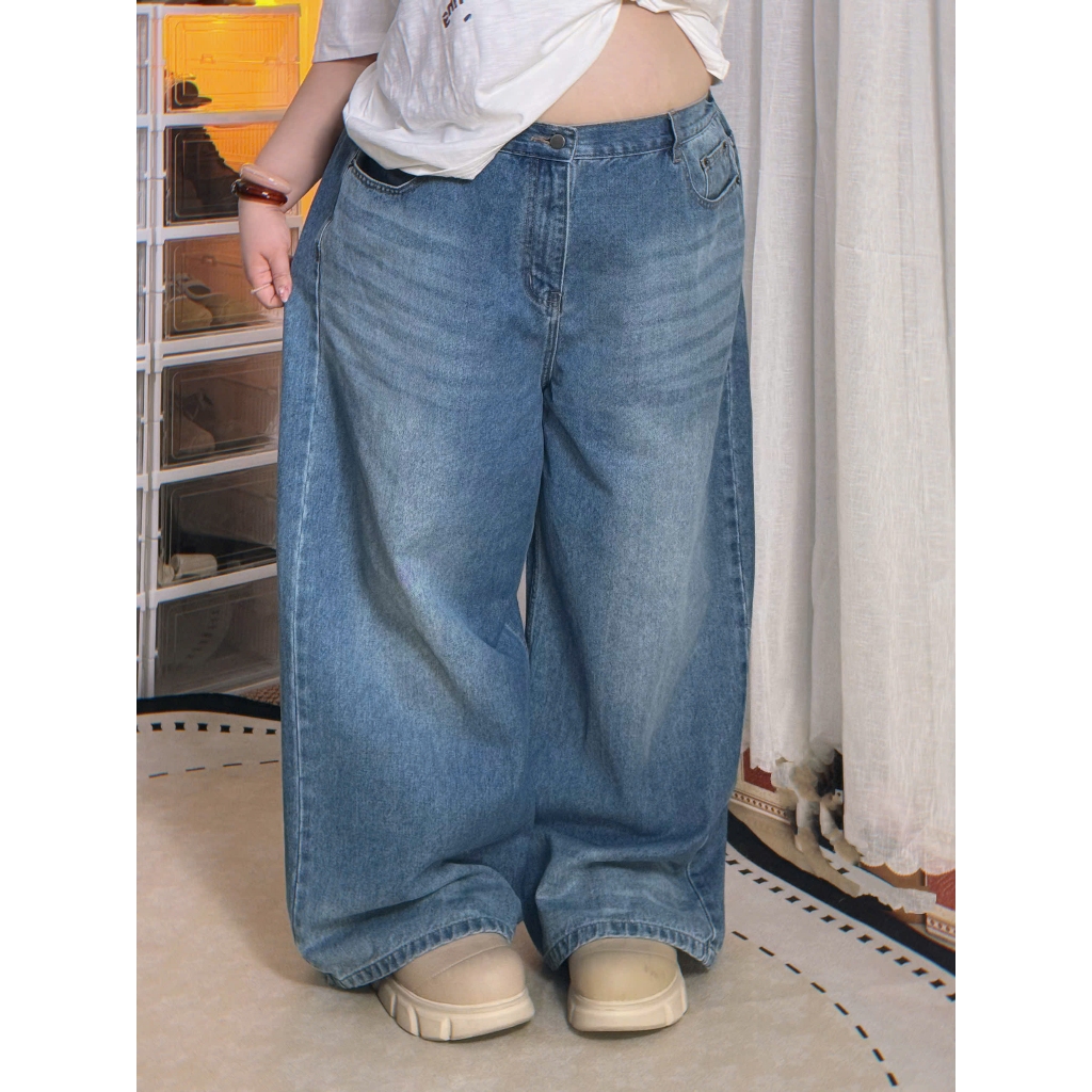 [Bigsize]Quần Jean ống rộng thụn dáng dài nam nữ nhà Mèo Mập có lưng thun trẻ trung cá tính từ 85-15