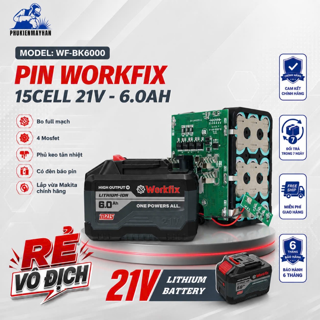 [HOẢ TỐC HCM] Pin 15 Cell WORKFIX WF-BK6000, Dung Lượng Chuẩn 6.0Ah, Mạch 4 Mosfet, Chân Pin M21