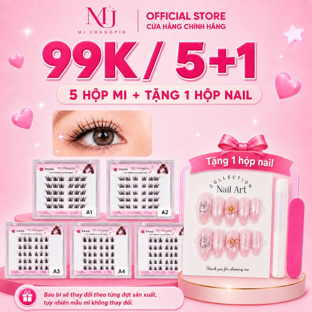99k/ 5 hộp mi + 1 hộp nail, Lông Mi giả sẵn keo, Mi tự dính, Mi giả tái sử dụng, chống nước 24H, dán