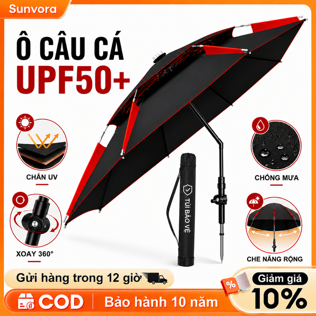 Chất Lượng Ô Câu Cá, Dù Câu Cá 2 Tầng Siêu Chống Thấm, 360° Chống Tia UV Cao Cấp,Độ Dài 2m2 - 2m4