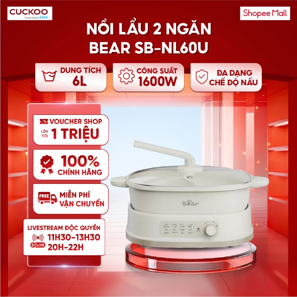 Nồi Lẩu 2 Ngăn Bear SB-NL60U - Dung tích 6L