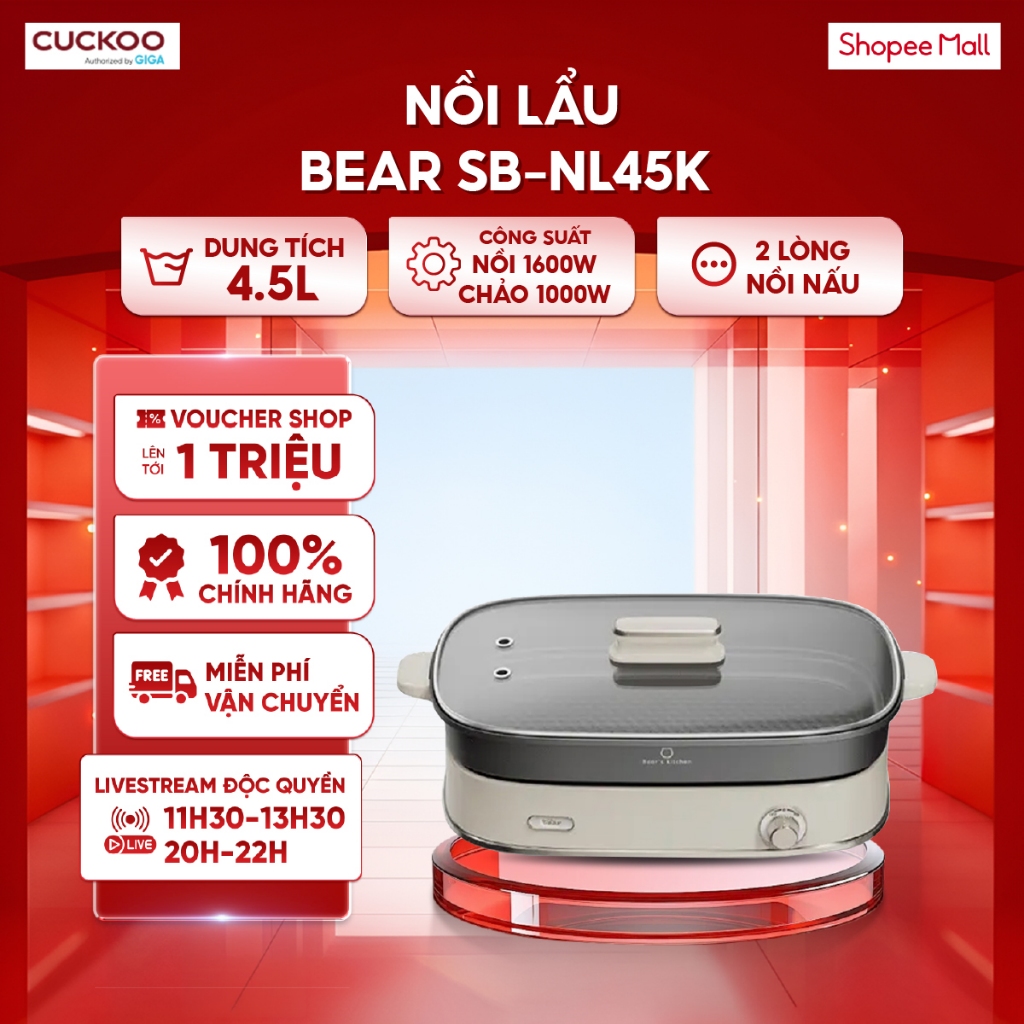 Nồi lẩu Bear 4,5L SB-NL45K - 2 lòng nồi nấu - Điều khiển núm vặn dễ dàng